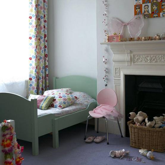 White childrens bedroom grey carpet painted green bed pink chair Victorian painted wrought cast iron fireplace real home L etc 05/2007 pub orig